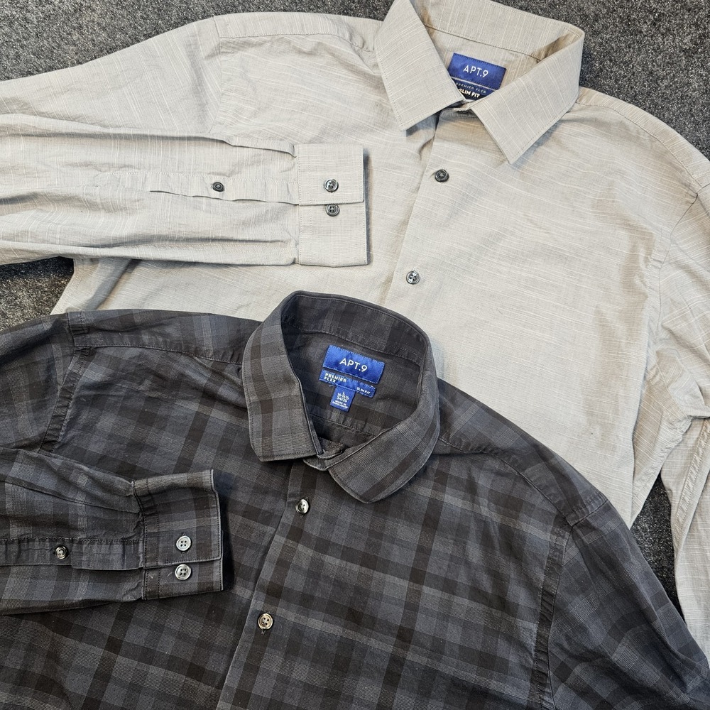 Lot Of 2 Apt 9 Premier Flex Slim Fit Dress Shirts Mens L 16-16.5 Gray Plaid